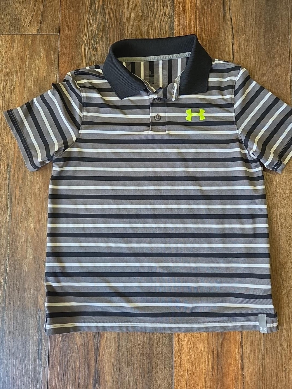 Under Armour Boys Black & Gray Striped Polo with Neon Yellow Logo